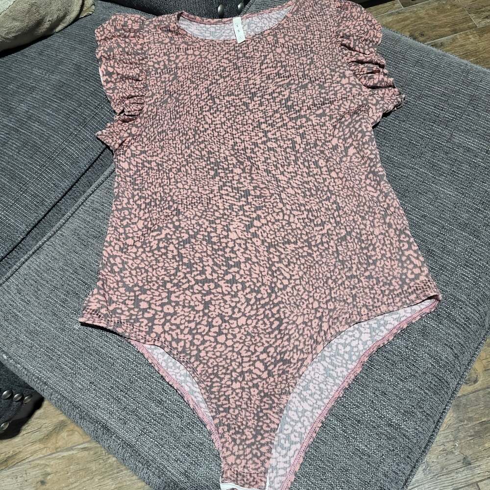 MTS Pink Animal Print Ruffle Sleeve Ribbed Bodysuit